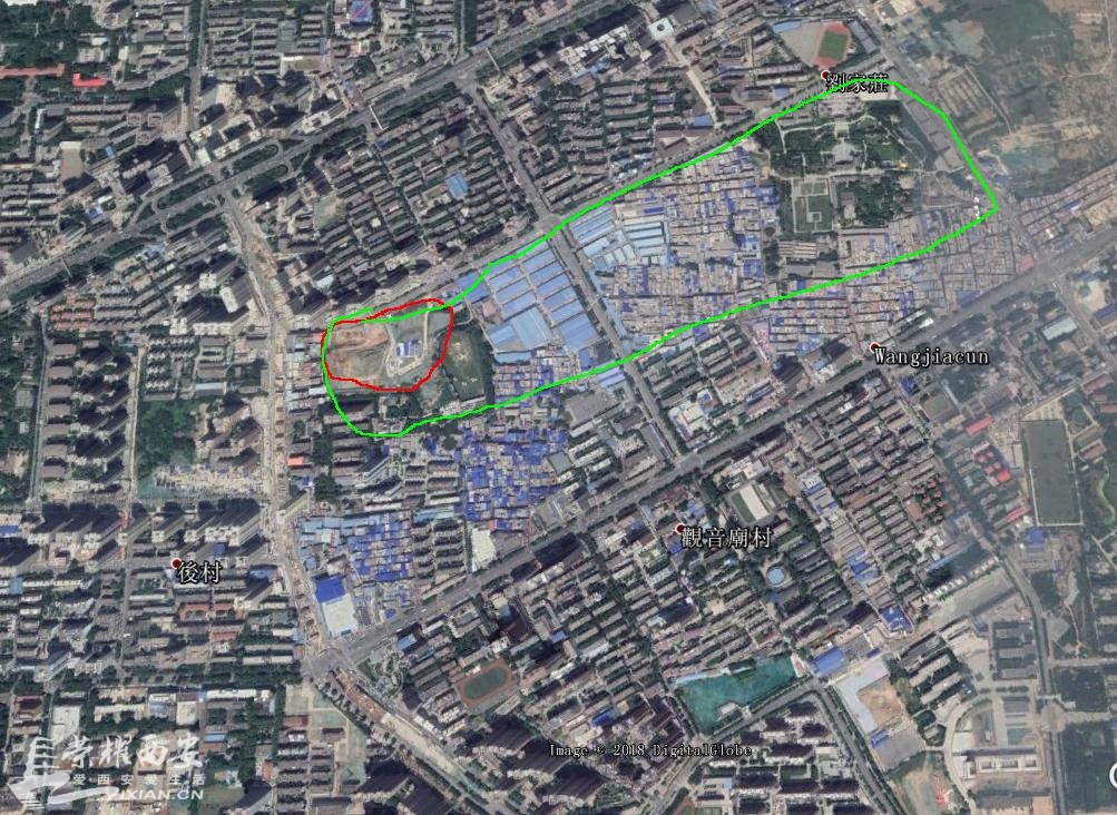 红圈内是工地，绿圈大致是当时乐游原的范围，比唐城墙内其他区域高出三四十米